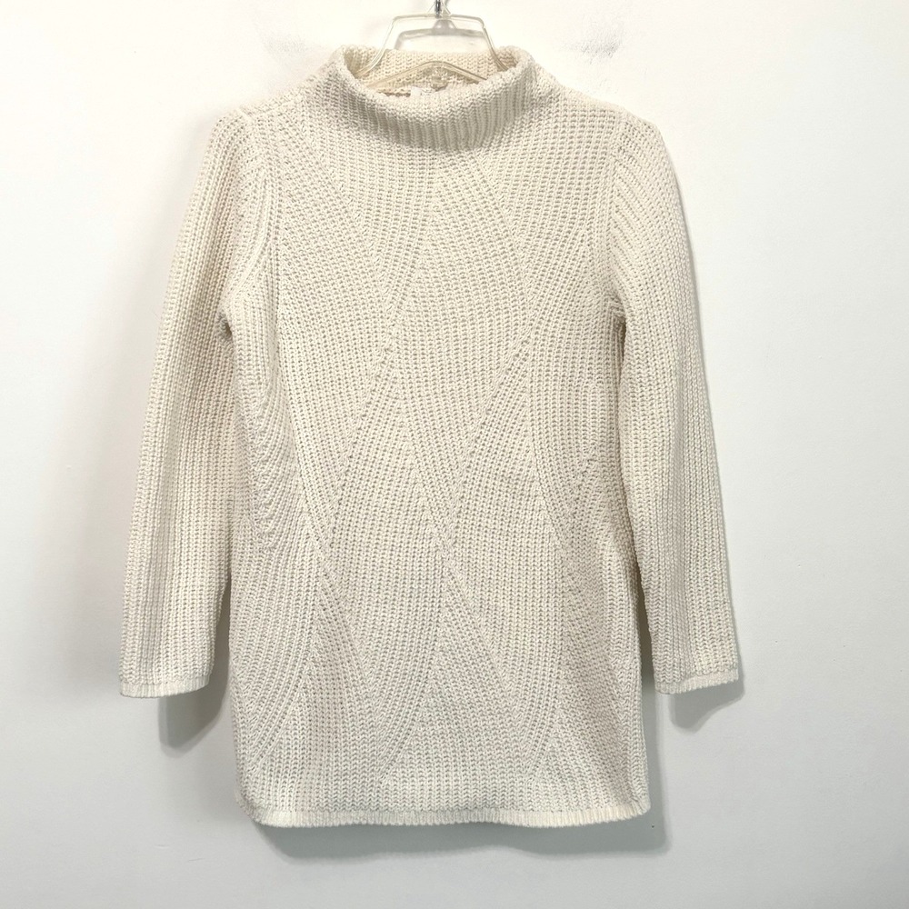 J Jill Chenille Knit Sweater Mock Neck S Petite Cream‎ Chunky Diamond 3/4 Sleeve